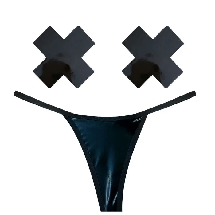 Neva Nude Anal Dom Squad Black Wet Vinyl Pastie GString Set Black