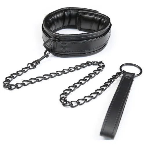 Restraints Bdsm Black foam padded Leather Neck Metal Chain Leash Naughty Toys